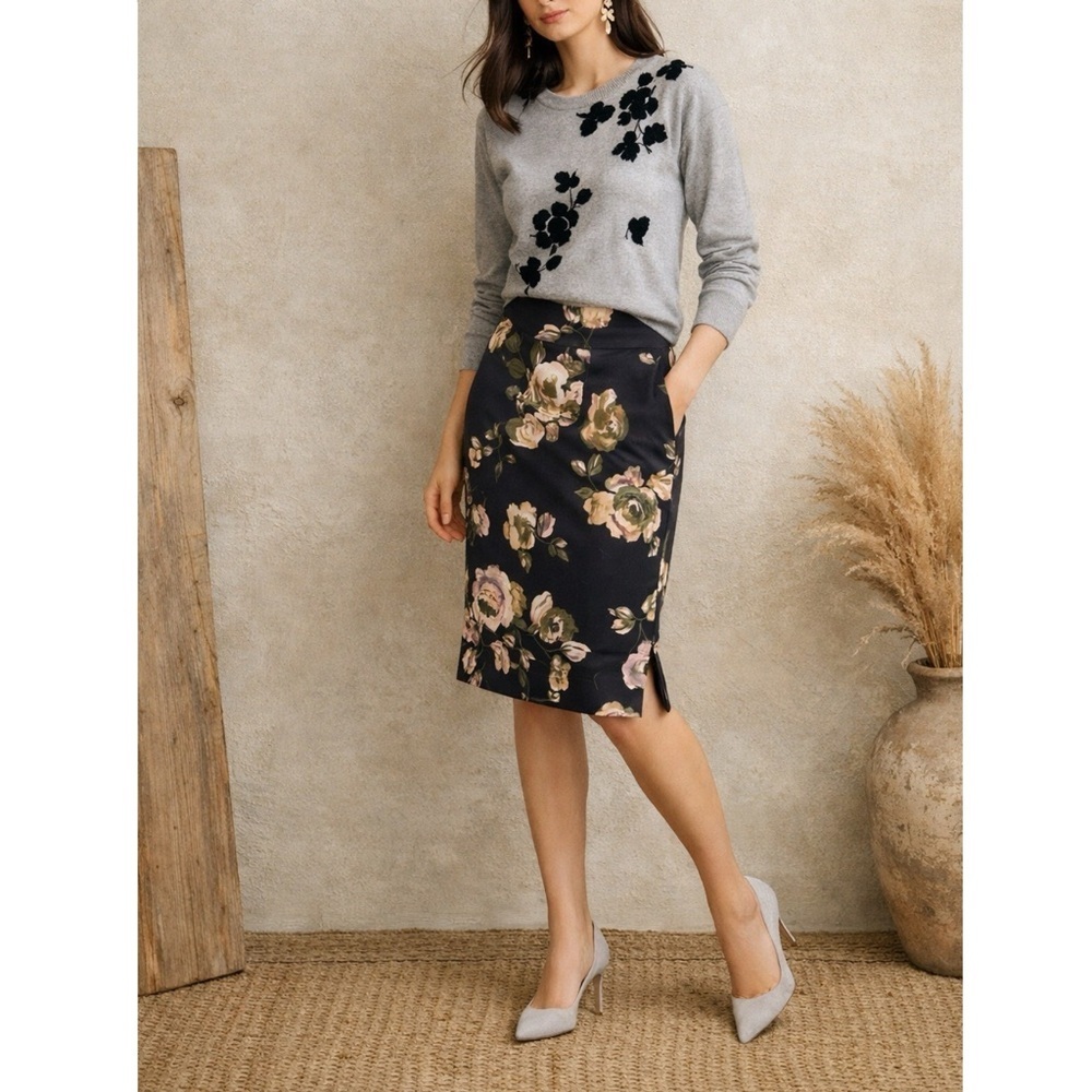 J.Crew Floral Sateen Pencil Skirt Cotton Stretch Back Vent Workwear Preppy 2